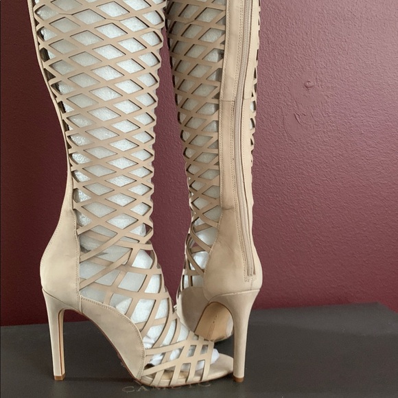 Elegant Vince Camuto Leather Beige Lace-Up Thigh-High Heels With Zipper. N.I.B - Picture 3 of 15